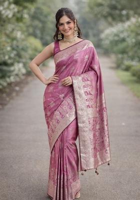 Onion Pink Embroidered Banarasi Silk Blend Saree Set