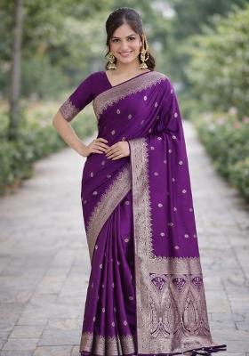 Wine Embroidered Banarasi Silk Blend Saree Set