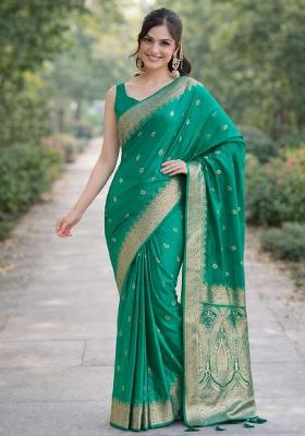 Teal Embroidered Banarasi Silk Blend Saree Set
