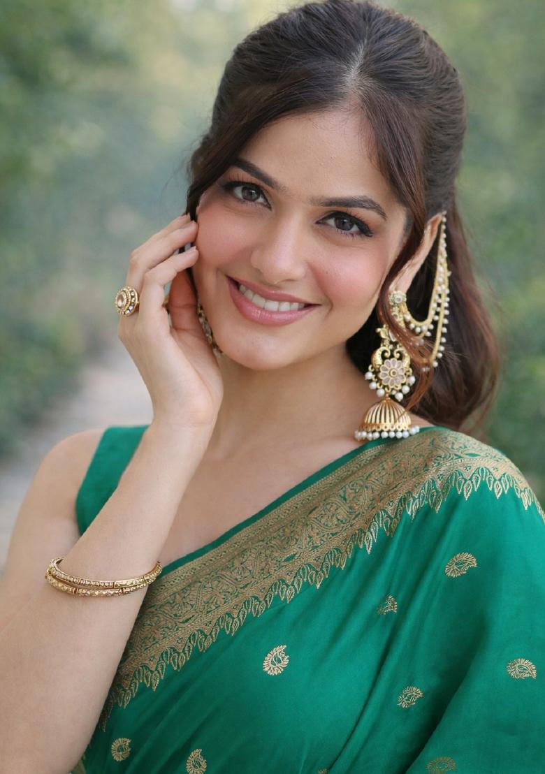 Teal Embroidered Banarasi Silk Blend Saree Set - Indya
