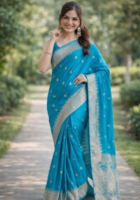 Turquoise Embroidered Banarasi Silk Blend Saree Set