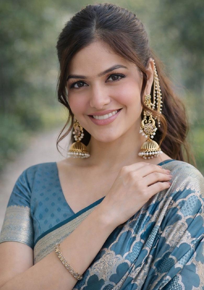 Turquoise Embroidered Banarasi Silk Blend Saree Set - Indya