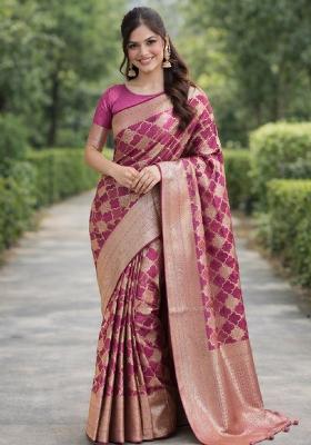 Onion Pink Embroidered Banarasi Silk Blend Saree Set