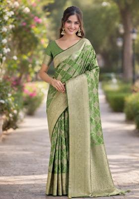 Mehendi Embroidered Banarasi Silk Blend Saree Set