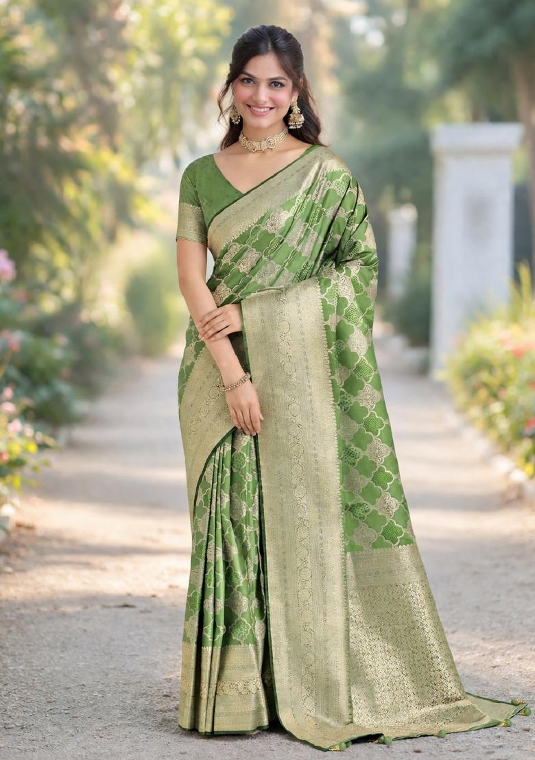 Mehendi Embroidered Banarasi Silk Blend Saree Set - Indya