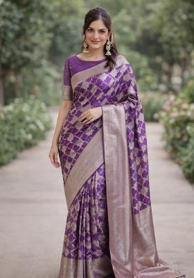 Purple Embroidered Banarasi Silk Blend Saree Set
