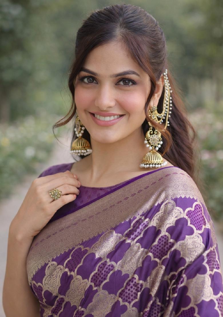 Purple Embroidered Banarasi Silk Blend Saree Set - Indya