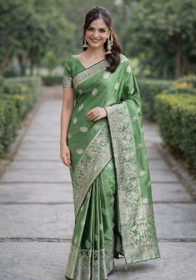 Light Green Embroidered Banarasi Silk Blend Saree Set