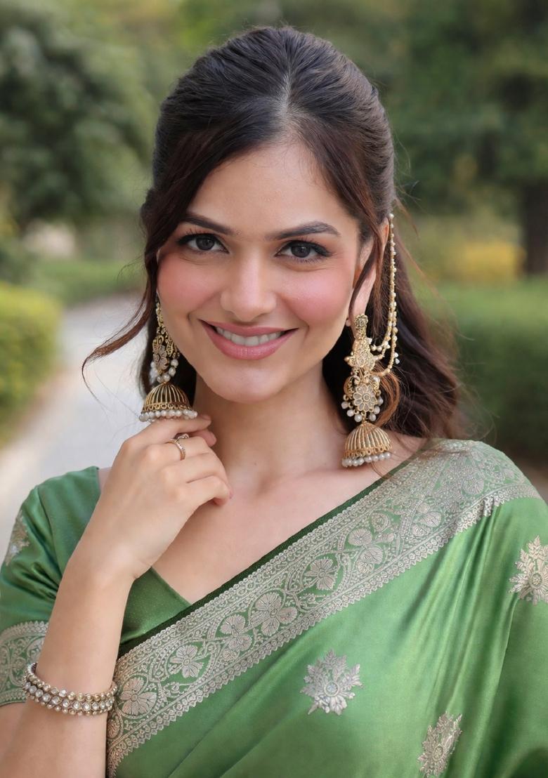 Light Green Embroidered Banarasi Silk Blend Saree Set - Indya