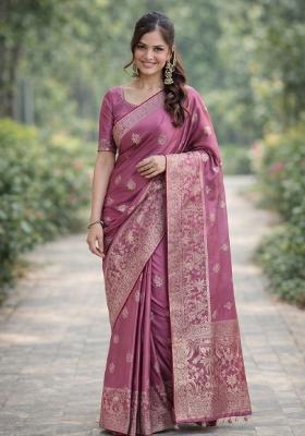 Onion Pink Embroidered Banarasi Silk Blend Saree Set