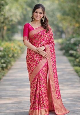 Pink Embroidered Banarasi Silk Blend Saree Set