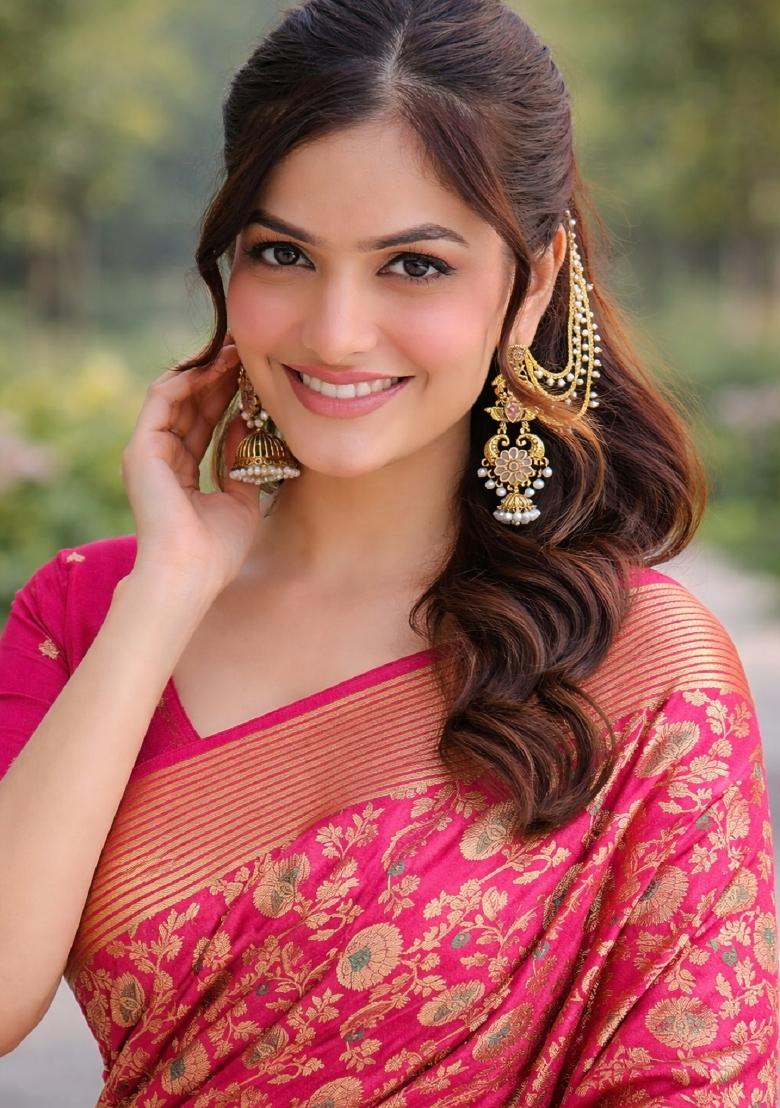 Pink Embroidered Banarasi Silk Blend Saree Set - Indya