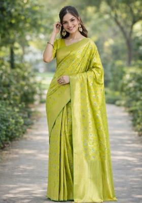 Parrot Green Embroidered Banarasi Silk Blend Saree Set