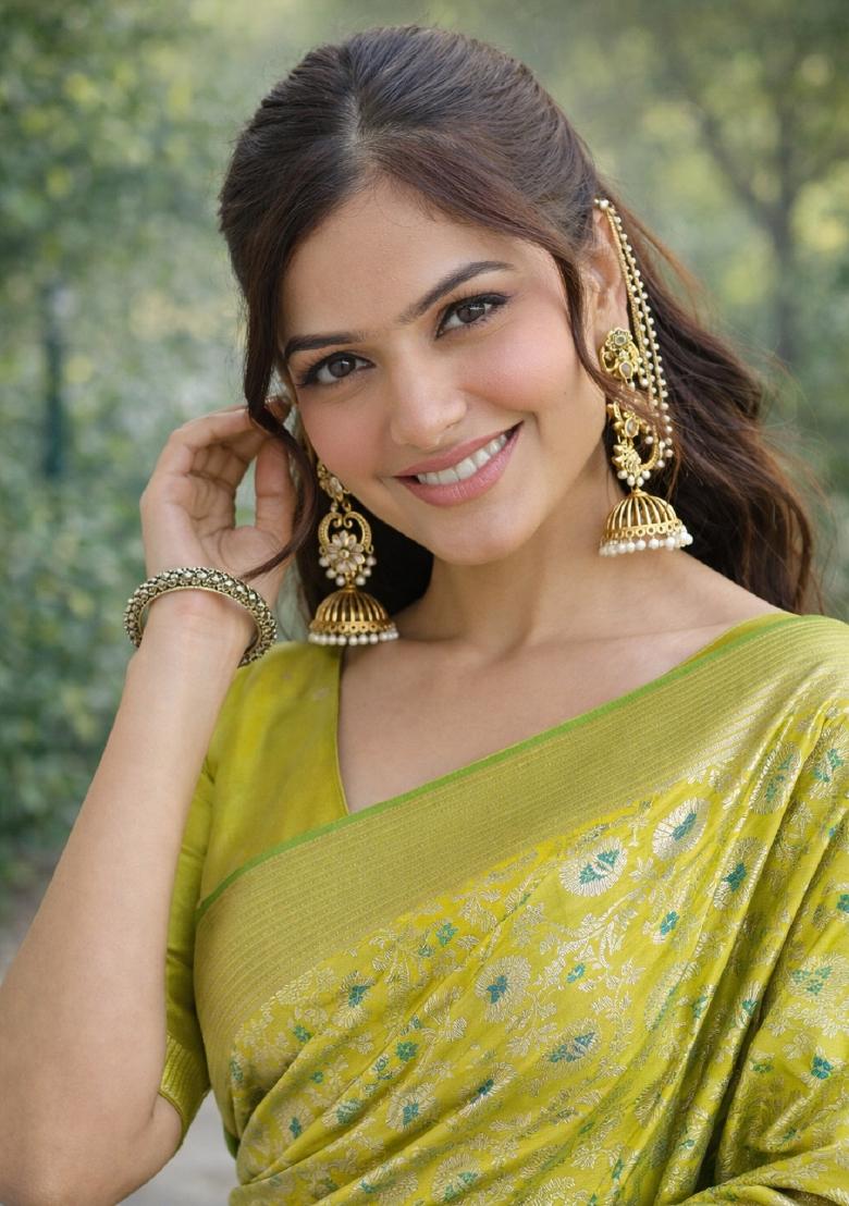 Parrot Green Embroidered Banarasi Silk Blend Saree Set - Indya