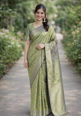 Light Green Embroidered Banarasi Silk Blend Saree Set