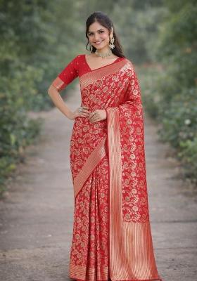 Red Embroidered Banarasi Silk Blend Saree Set