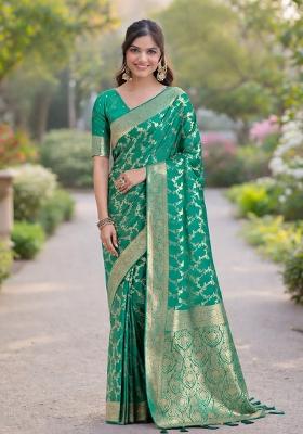 Turquoise Embroidered Banarasi Silk Blend Saree Set