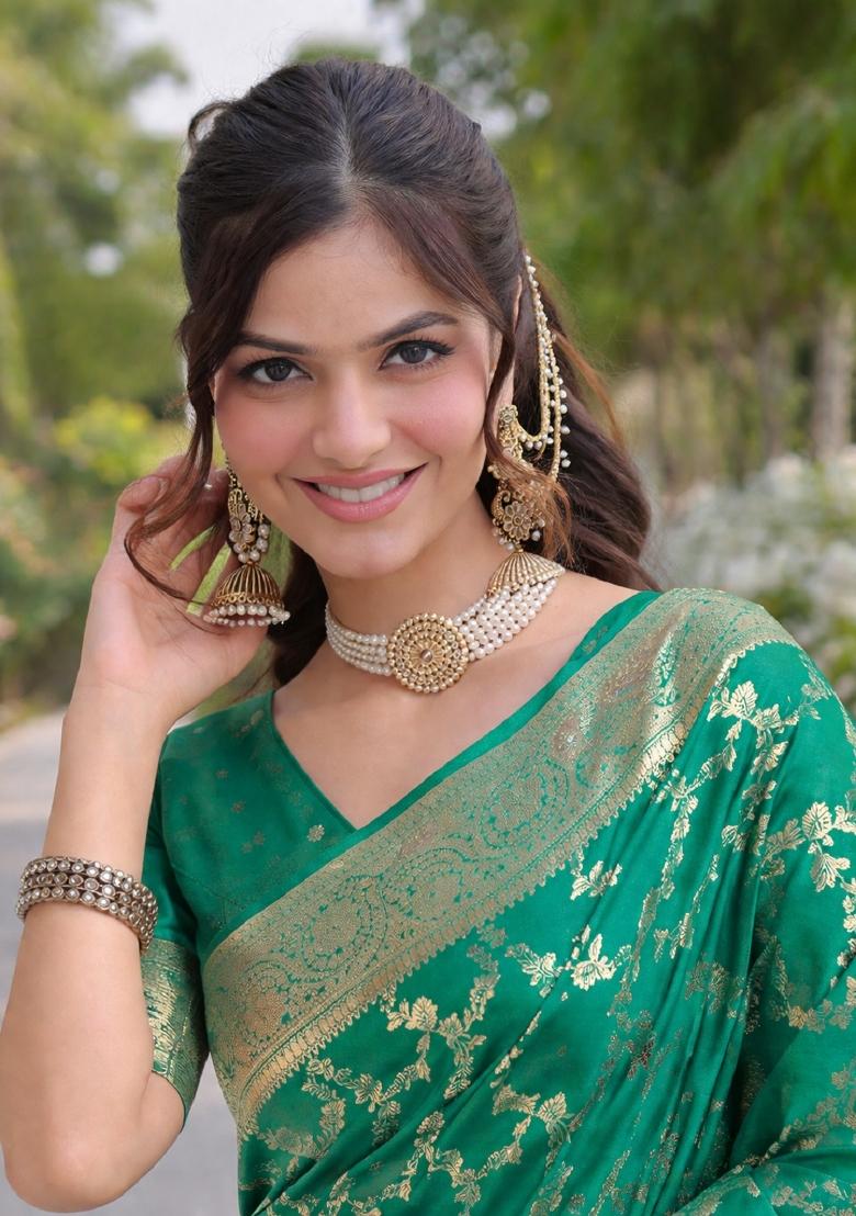 Turquoise Embroidered Banarasi Silk Blend Saree Set - Indya