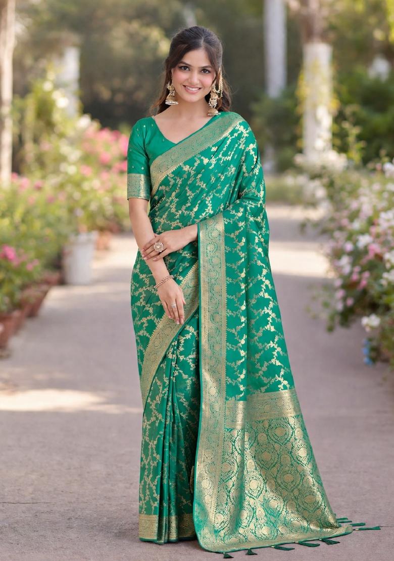 Turquoise Embroidered Banarasi Silk Blend Saree Set - Indya