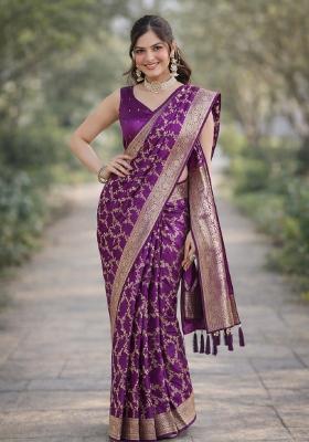 Wine Embroidered Banarasi Silk Blend Saree Set