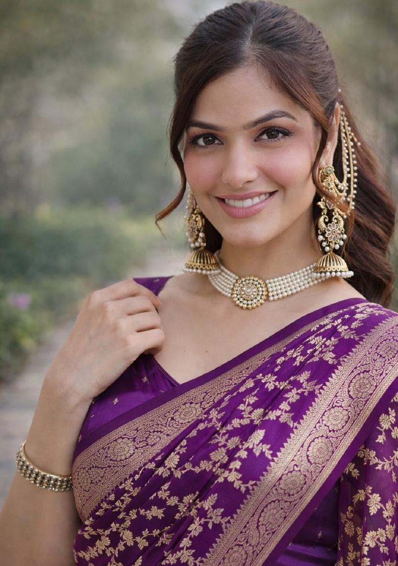 Wine Embroidered Banarasi Silk Blend Saree Set - Indya