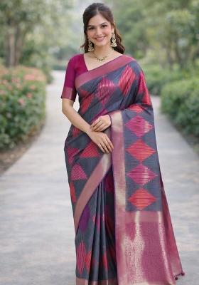 Multicolor Embroidered Banarasi Silk Blend Saree Set