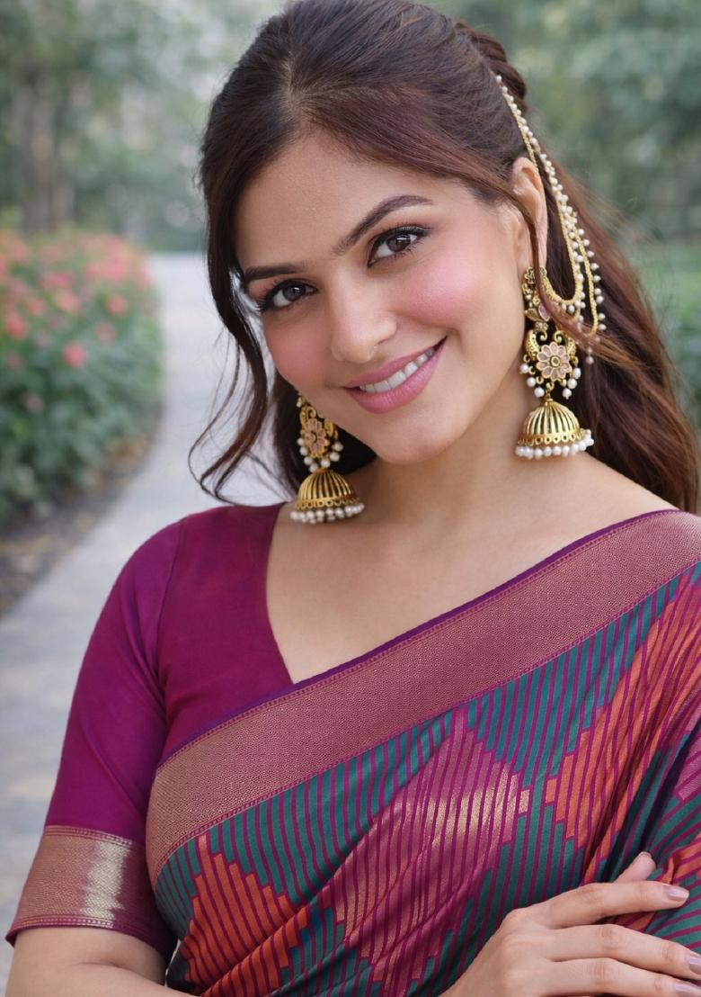 Multicolor Embroidered Banarasi Silk Blend Saree Set - Indya