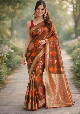Multicolor Embroidered Banarasi Silk Blend Saree Set