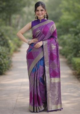 Multicolor Embroidered Banarasi Silk Blend Saree Set