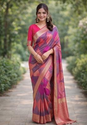 Multicolor Embroidered Banarasi Silk Blend Saree Set