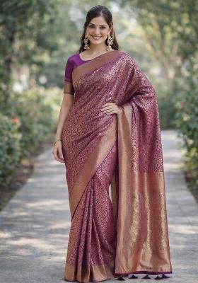 Purple Embroidered Banarasi Silk Blend Saree Set
