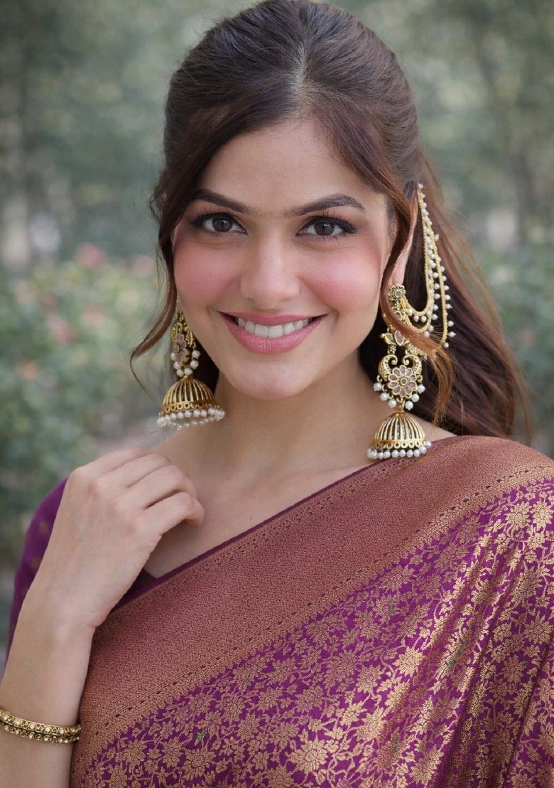 Purple Embroidered Banarasi Silk Blend Saree Set - Indya