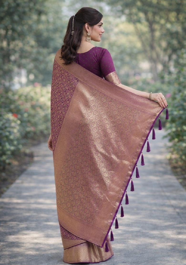 Purple Embroidered Banarasi Silk Blend Saree Set - Indya