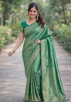 Teal Embroidered Banarasi Silk Blend Saree Set