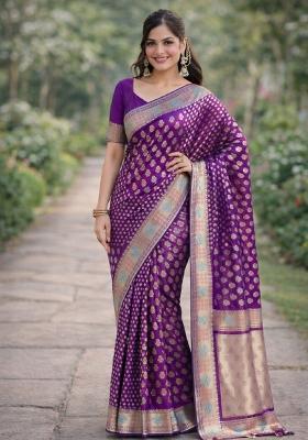 Wine Embroidered Banarasi Silk Blend Saree Set