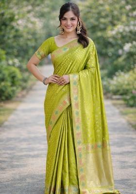 Parrot Green Embroidered Banarasi Silk Blend Saree Set