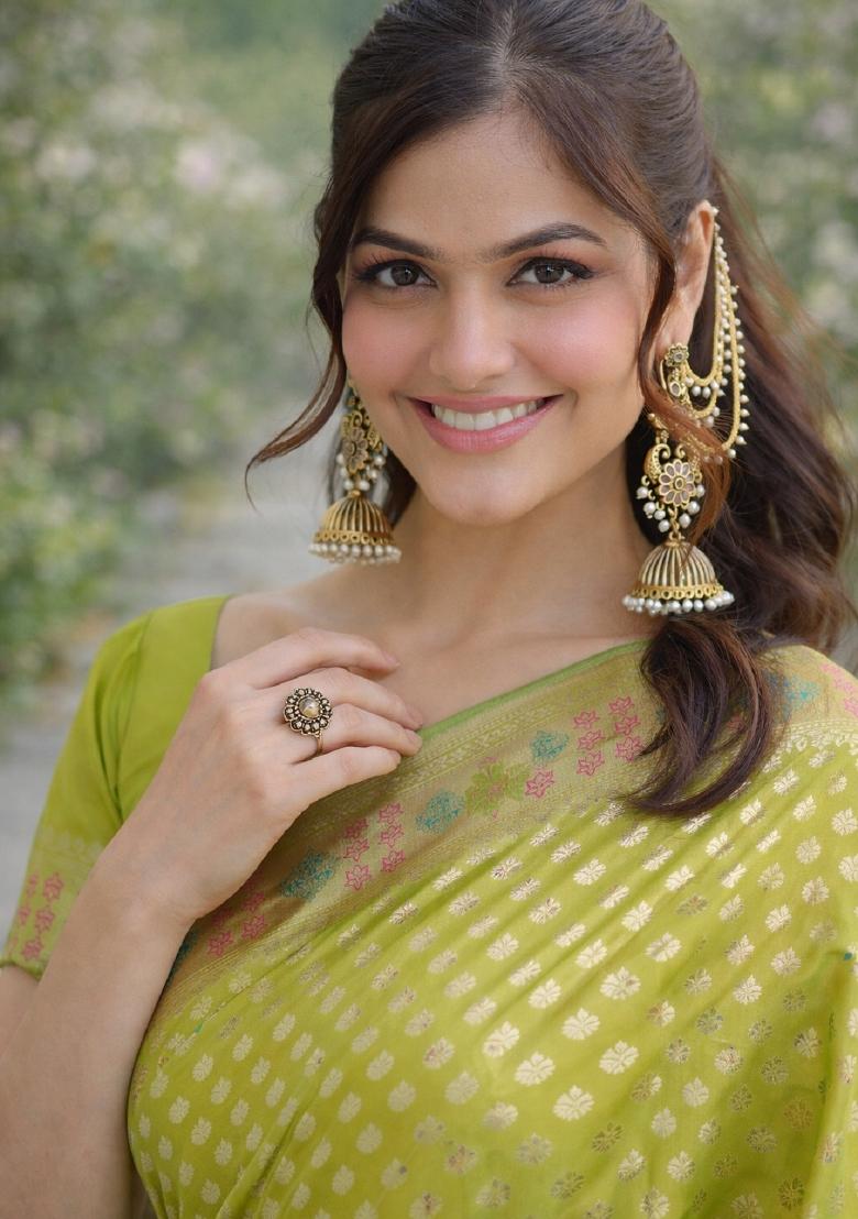 Parrot Green Embroidered Banarasi Silk Blend Saree Set - Indya