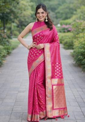 Pink Embroidered Banarasi Silk Blend Saree Set
