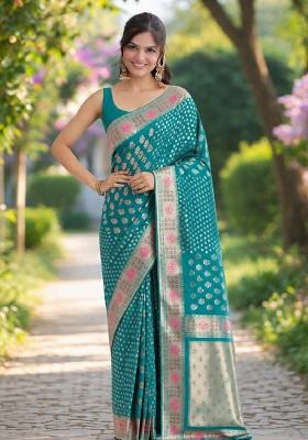 Turquoise Embroidered Banarasi Silk Blend Saree Set
