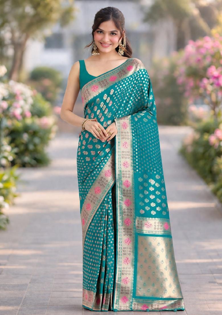 Turquoise Embroidered Banarasi Silk Blend Saree Set - Indya