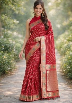 Red Embroidered Banarasi Silk Blend Saree Set