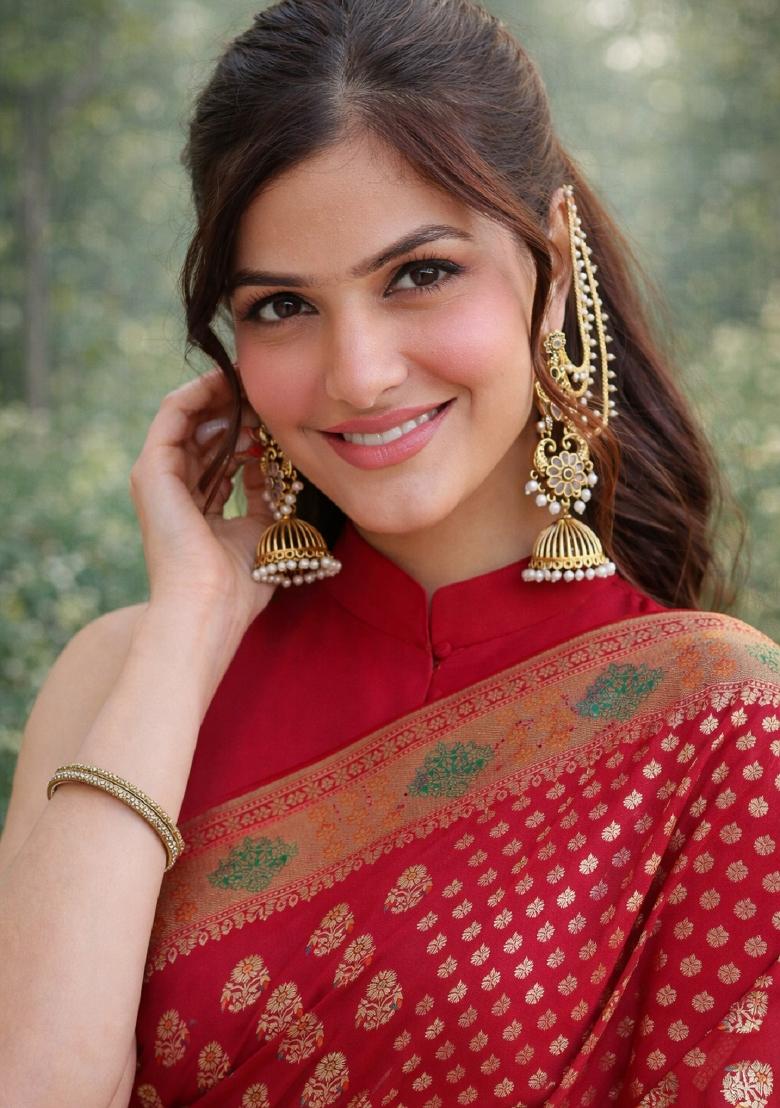 Red Embroidered Banarasi Silk Blend Saree Set - Indya