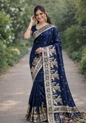 Blue Embroidered Banarasi Silk Blend Saree Set