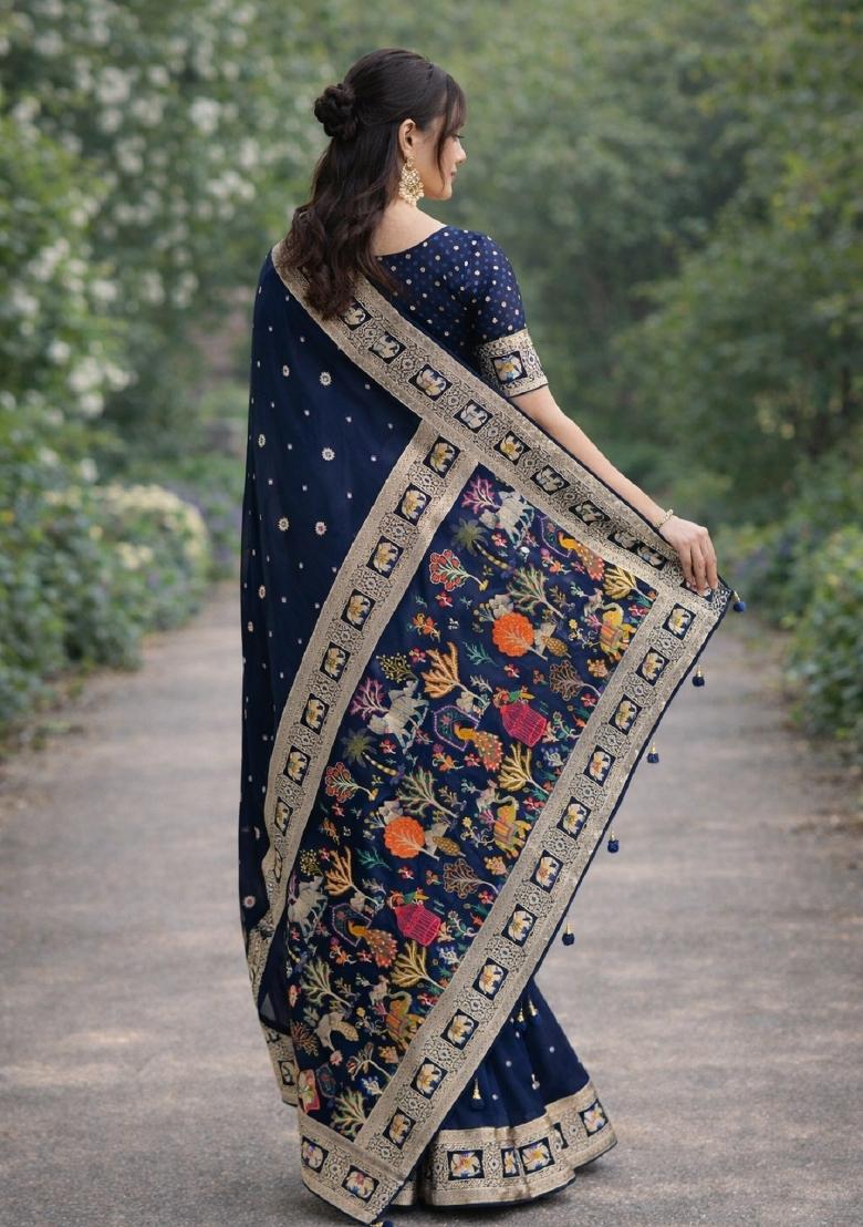 Blue Embroidered Banarasi Silk Blend Saree Set - Indya