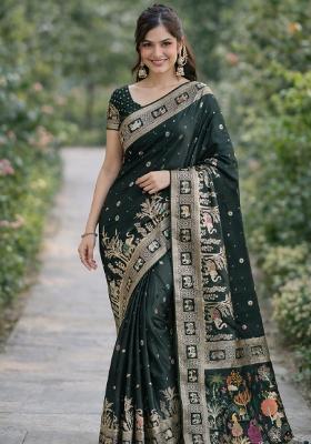 Green Embroidered Banarasi Silk Blend Saree Set