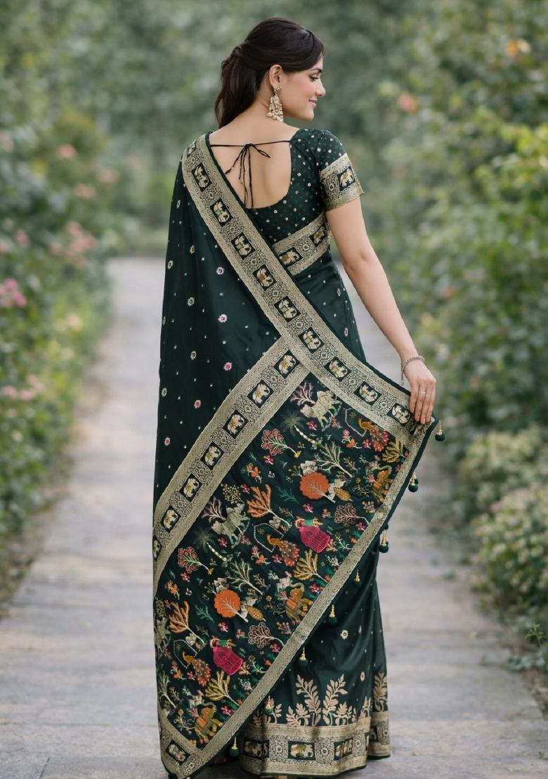 Green Embroidered Banarasi Silk Blend Saree Set - Indya