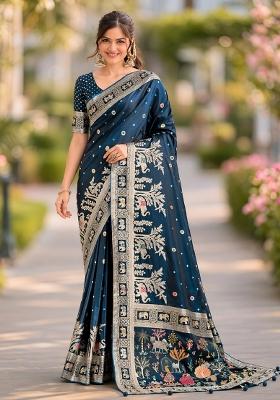 Turquoise Embroidered Banarasi Silk Blend Saree Set