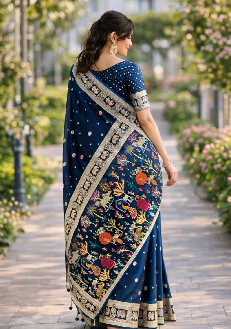 Turquoise Embroidered Banarasi Silk Blend Saree Set - Indya