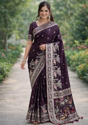 Wine Embroidered Banarasi Silk Blend Saree Set
