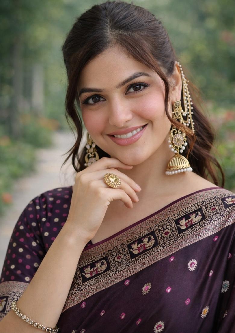 Wine Embroidered Banarasi Silk Blend Saree Set - Indya